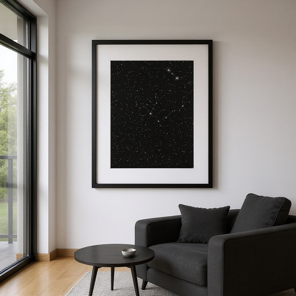Framed personalized star map art hanging above living room mantel