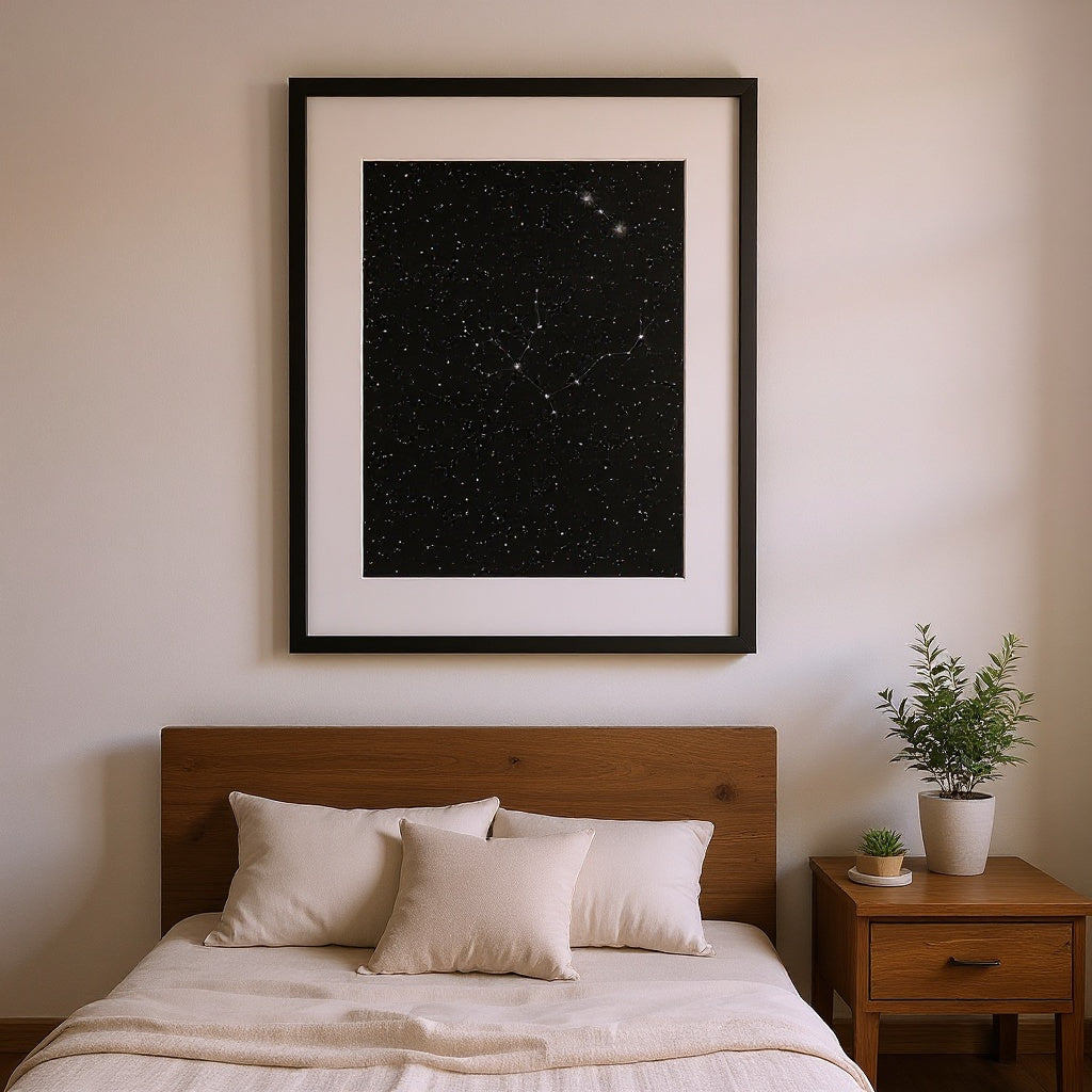 16x20 custom star map print resting on wooden desk with warm indoor lighting