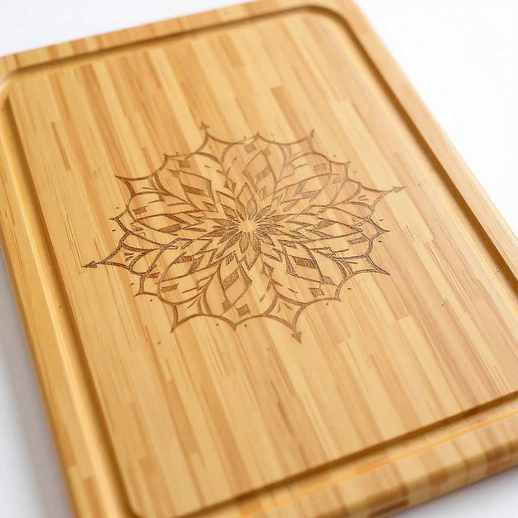 Close-up of laser-engraved monogram and smooth sanded bamboo grain finish