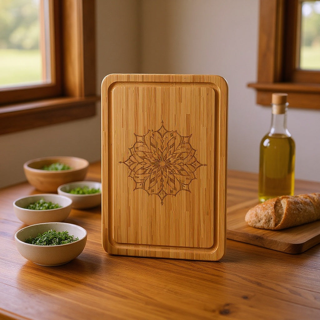 Laser engraved bamboo cutting board displayed upright on modern kitchen counter