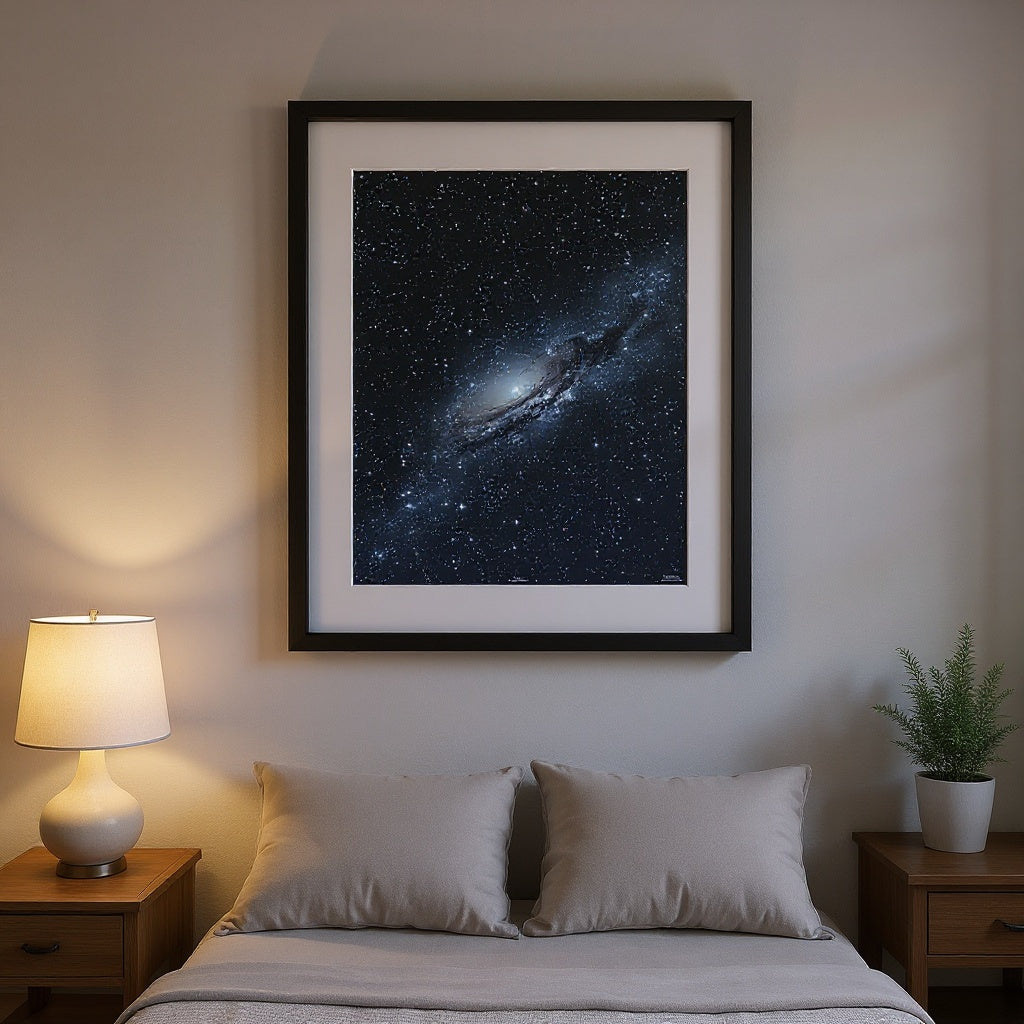 Framed anniversary star map canvas displayed in bright modern entryway