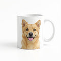 Glossy white 11oz ceramic coffee mug featuring custom illustrated pet portrait
