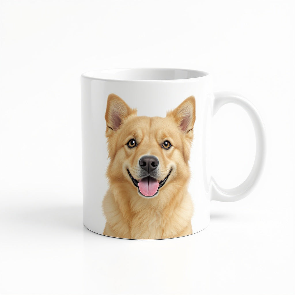 Glossy white 11oz ceramic coffee mug featuring custom illustrated pet portrait
