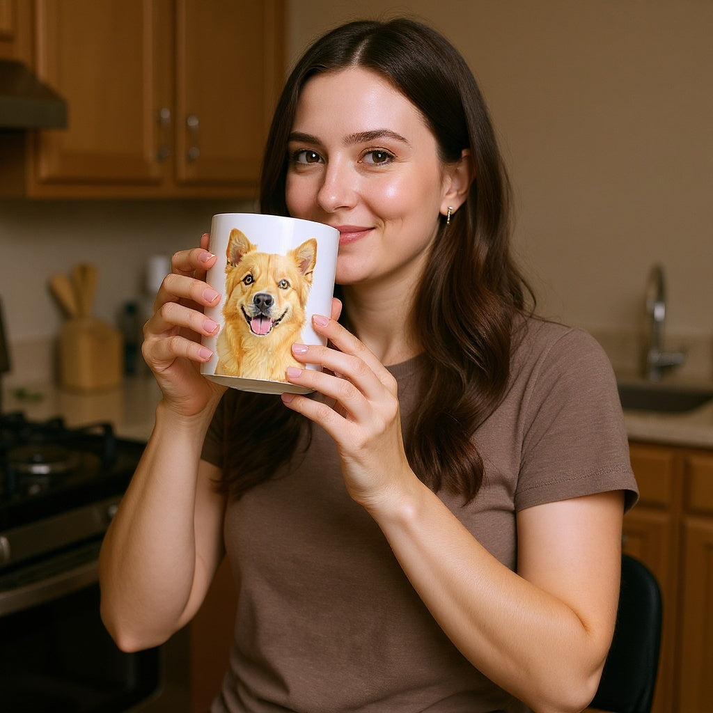 Personalized pet portrait mug filled with fresh coffee on breakfast table