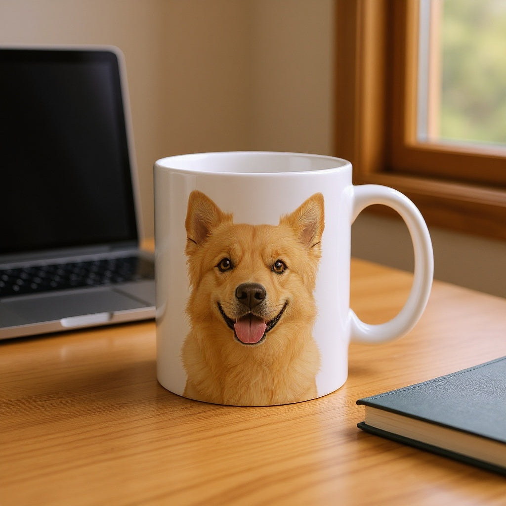 Custom pet mug held in hands alongside cozy morning coffee setup