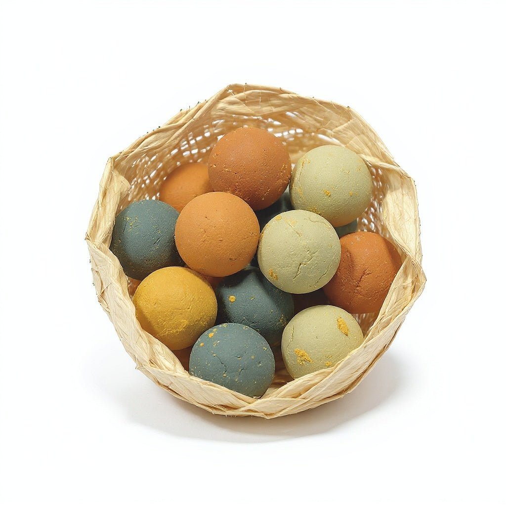 12 clay seed balls arranged by color in eco-friendly kraft packaging