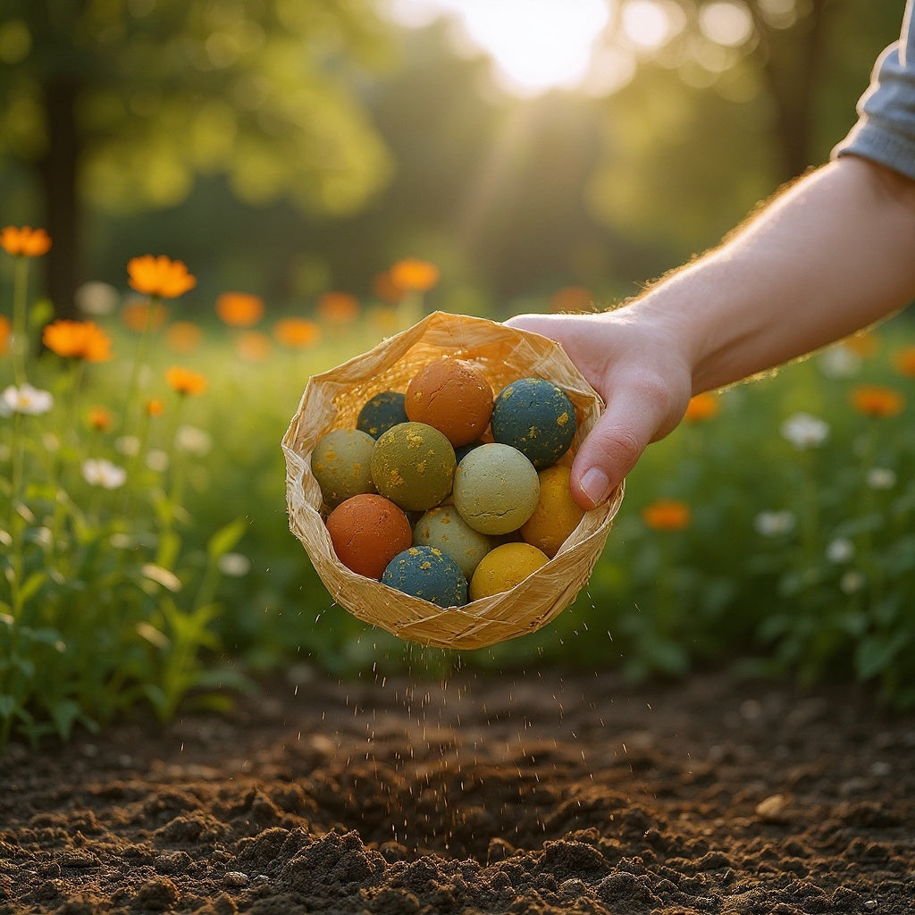 Planting a wildflower seed bomb in garden soil with gardening trowel