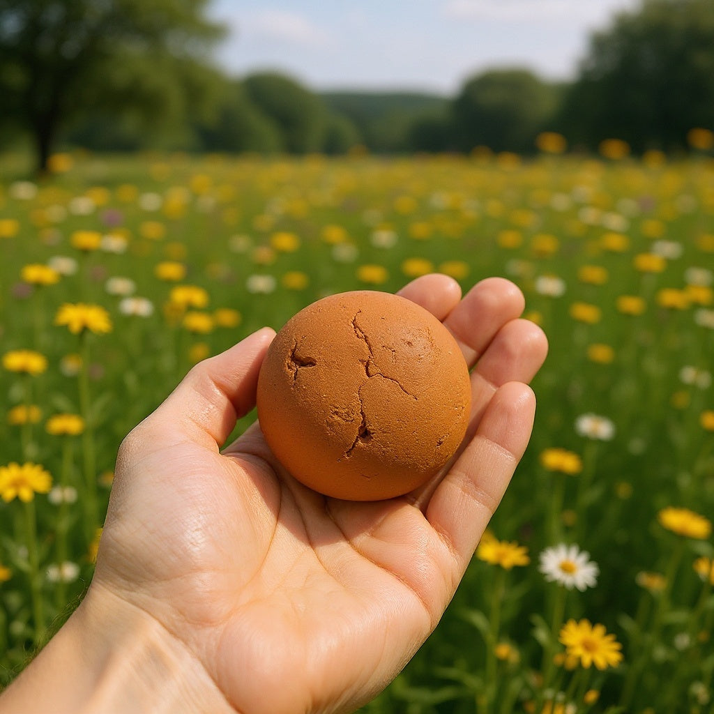 Assorted pollinator-friendly seed bombs displayed in open rustic gift carton