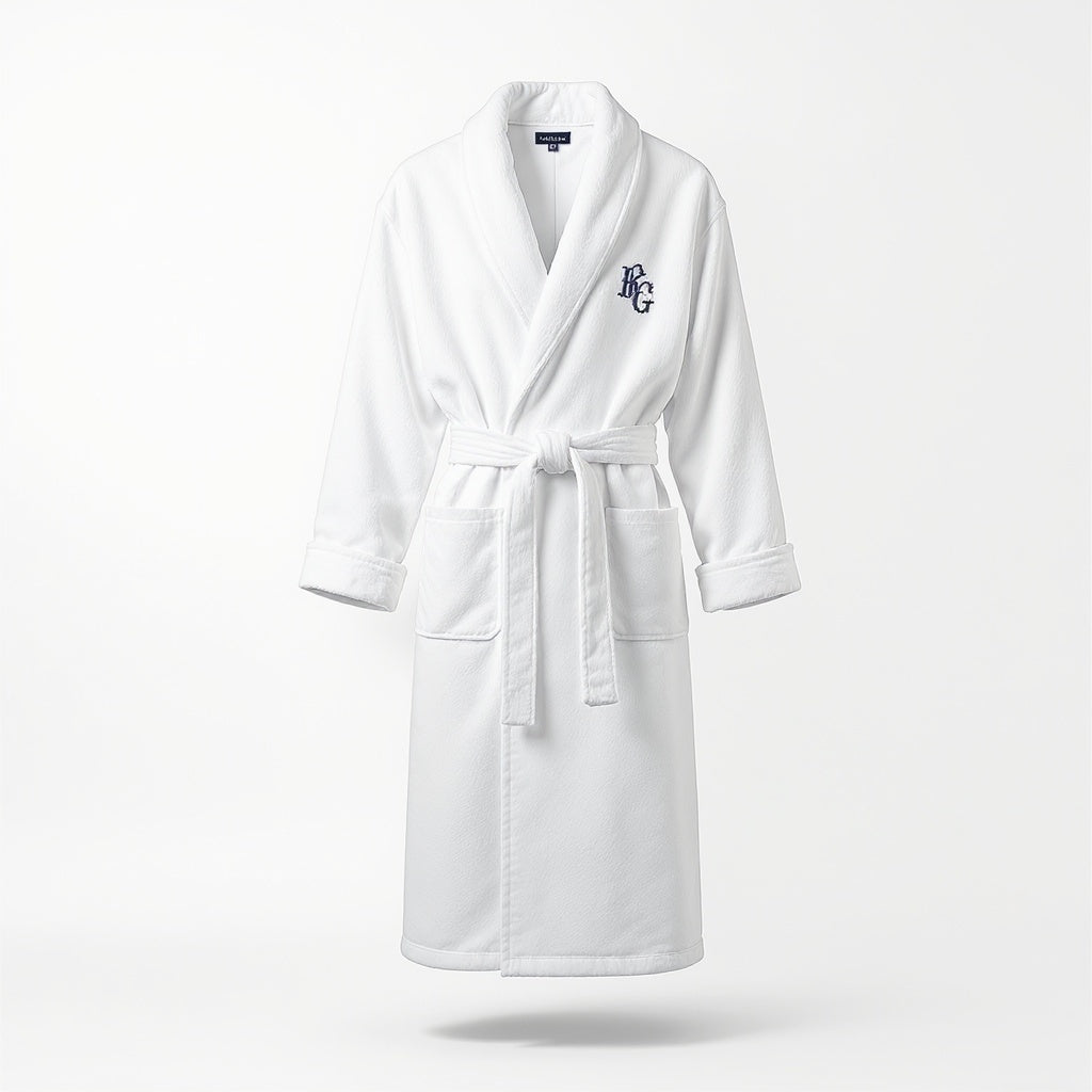 Plush white 100% ring-spun cotton bathrobe with custom embroidered monogram