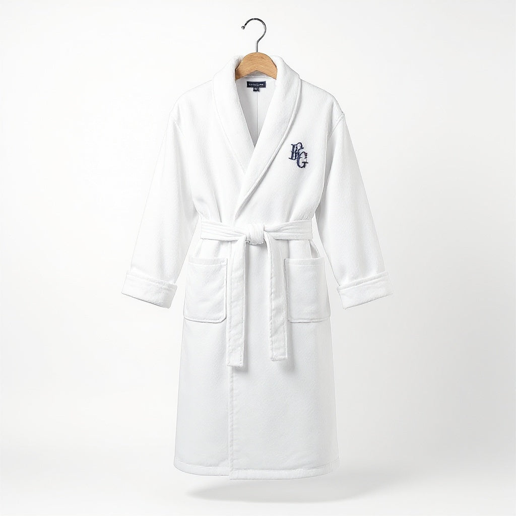 Front wrap design showing wide shawl collar and adjustable matching waist belt