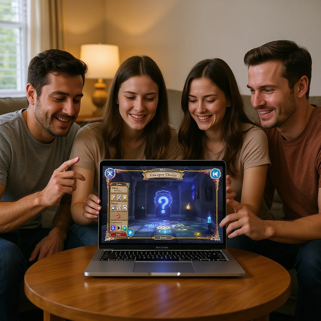 Players collaborating on virtual escape room mystery over video call on laptop