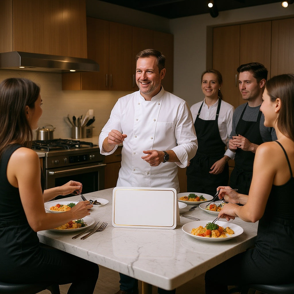 Home cooks following live online cooking class instructions on kitchen tablet