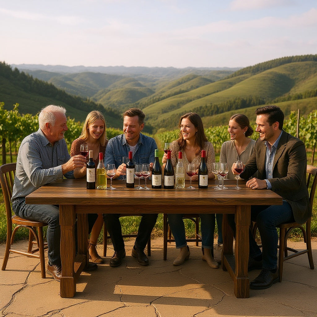 Guests enjoying artisanal cheese and wine pairing on scenic winery patio