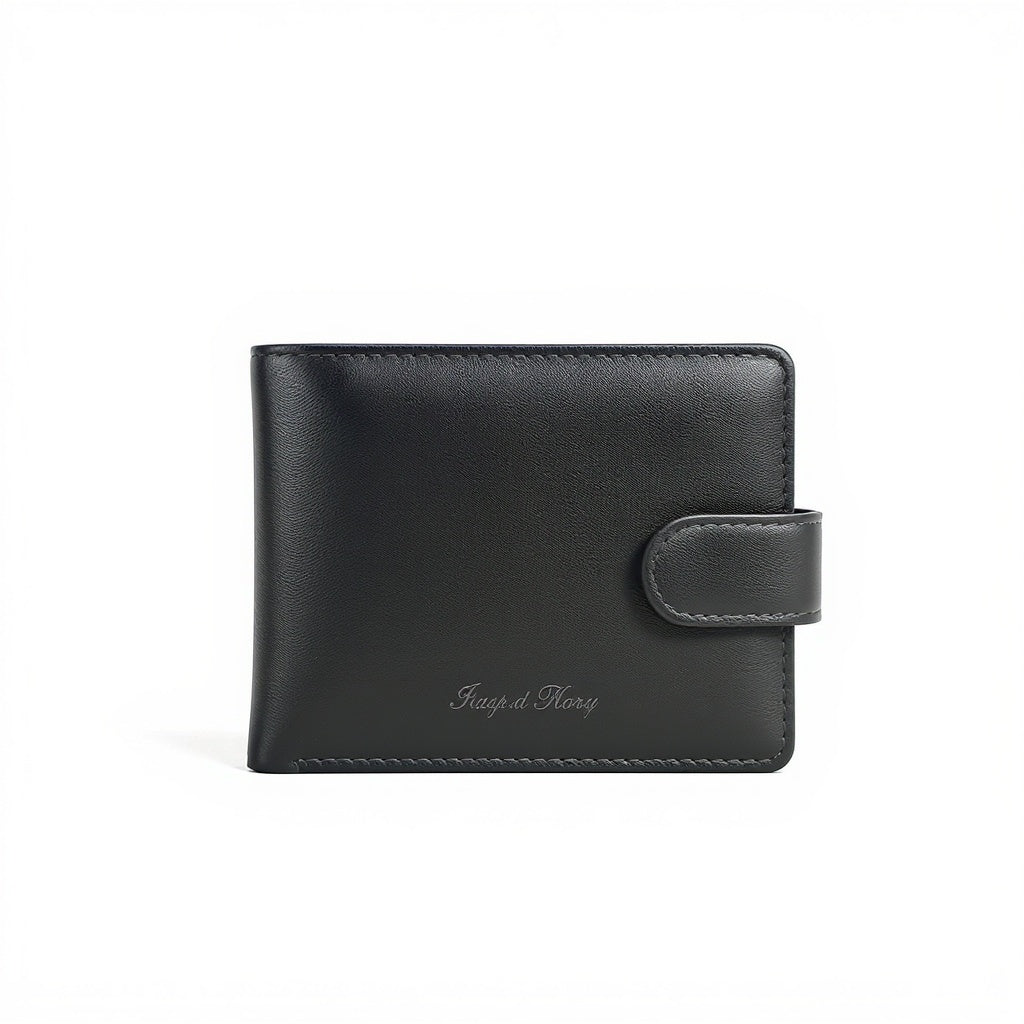 Black full-grain genuine leather bifold wallet (4.25 x 3.25 in) with custom engraving