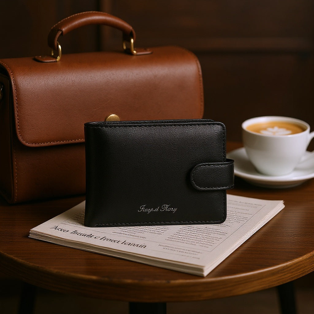 Engraved leather wallet packaged in premium magnetic gift box