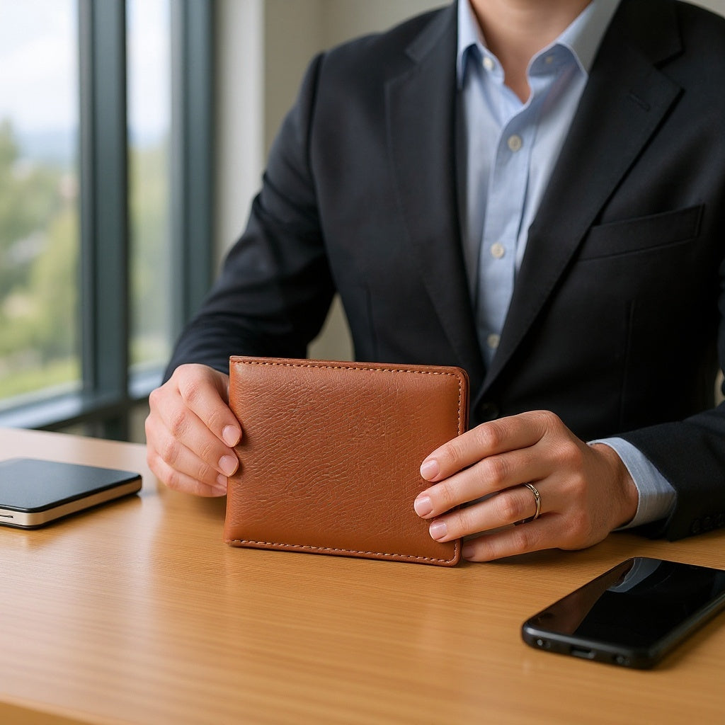 Brown personalized leather wallet resting beside brass keychain on wooden tabletop