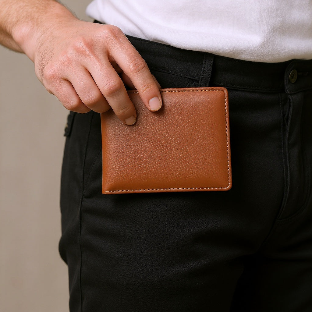 Minimalist brown leather wallet slid easily into front jeans pocket