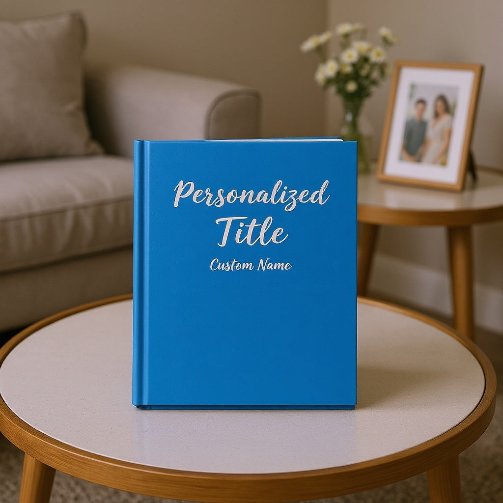 Hardcover custom name book displayed open showing vibrant full-page artwork