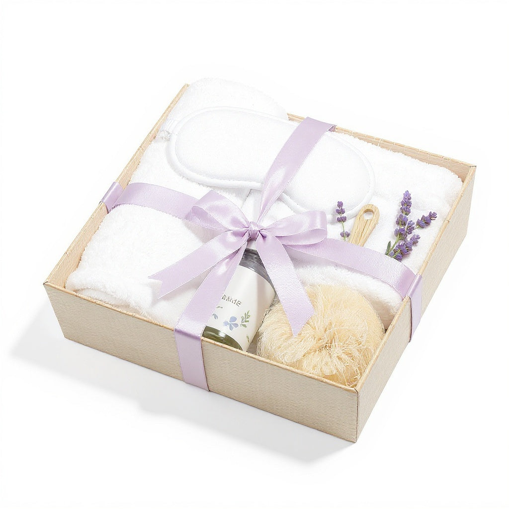 Handmade lavender essential oil soap bar, soothing bath bomb, and body scrub jars