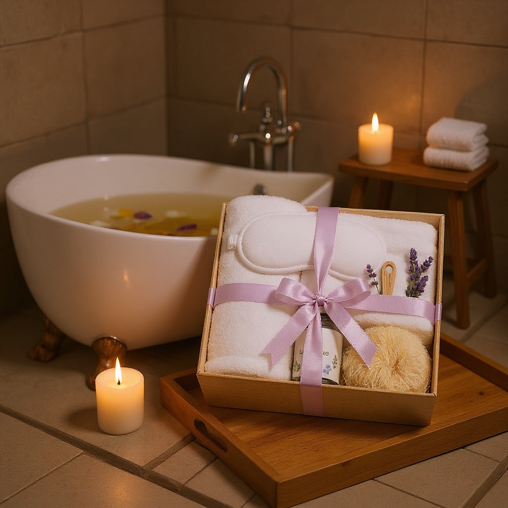 Spa gift set items arranged relaxingly around freestanding bathtub
