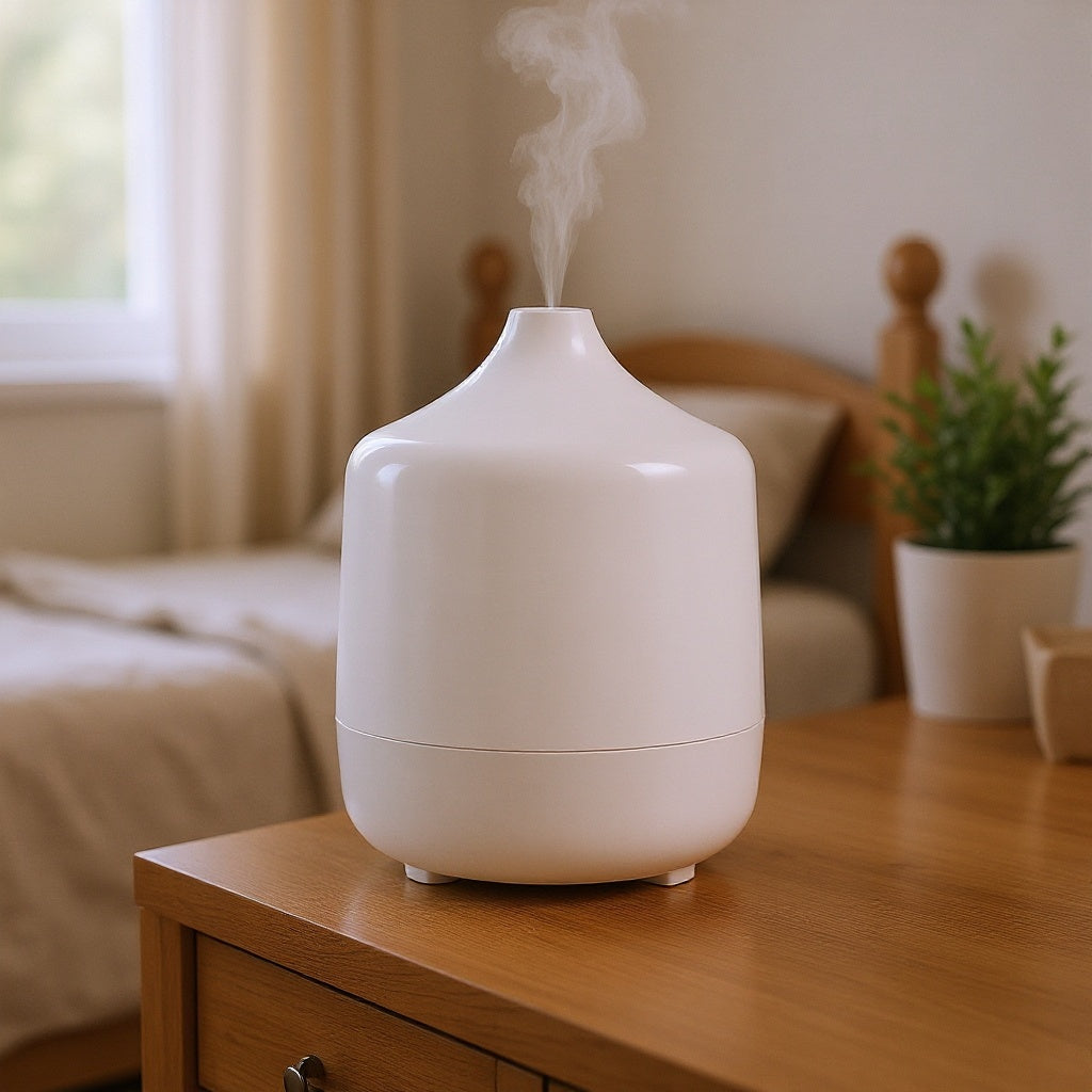 White aromatherapy diffuser emitting soothing mist on bedside nightstand