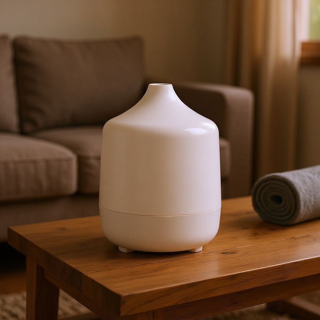 Compact essential oil diffuser styled in modern minimalist living room
