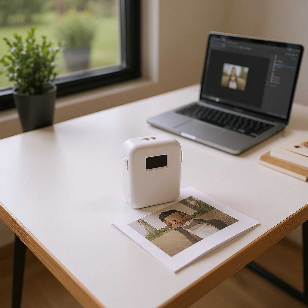 Mini photo printer surrounded by colorful adhesive-backed snapshot prints