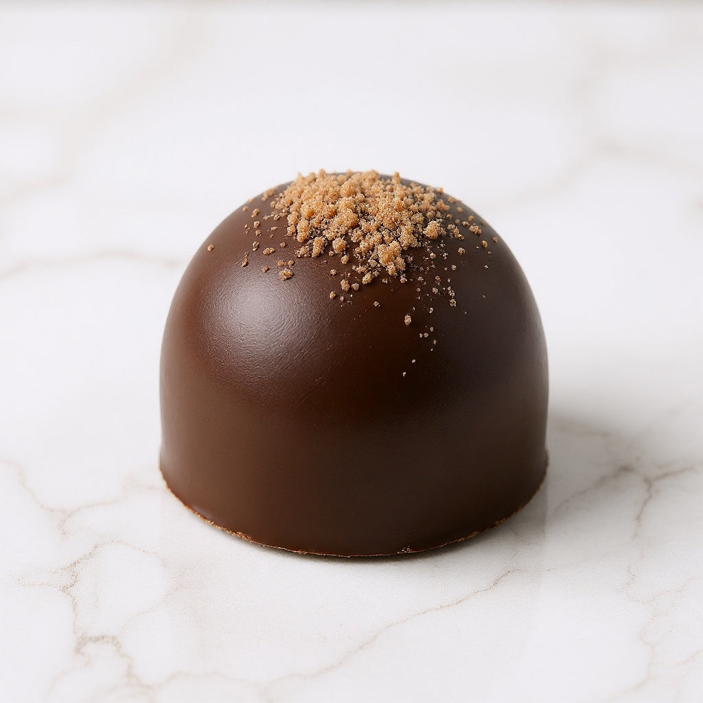 Close-up of cocoa-dusted, gold-leaf, and sea salt dark chocolate truffle toppings