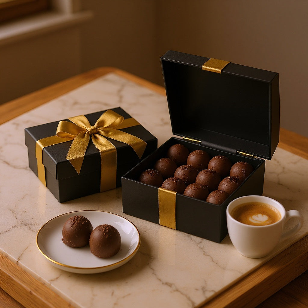 Gourmet dark chocolate truffles served on marble dessert platter