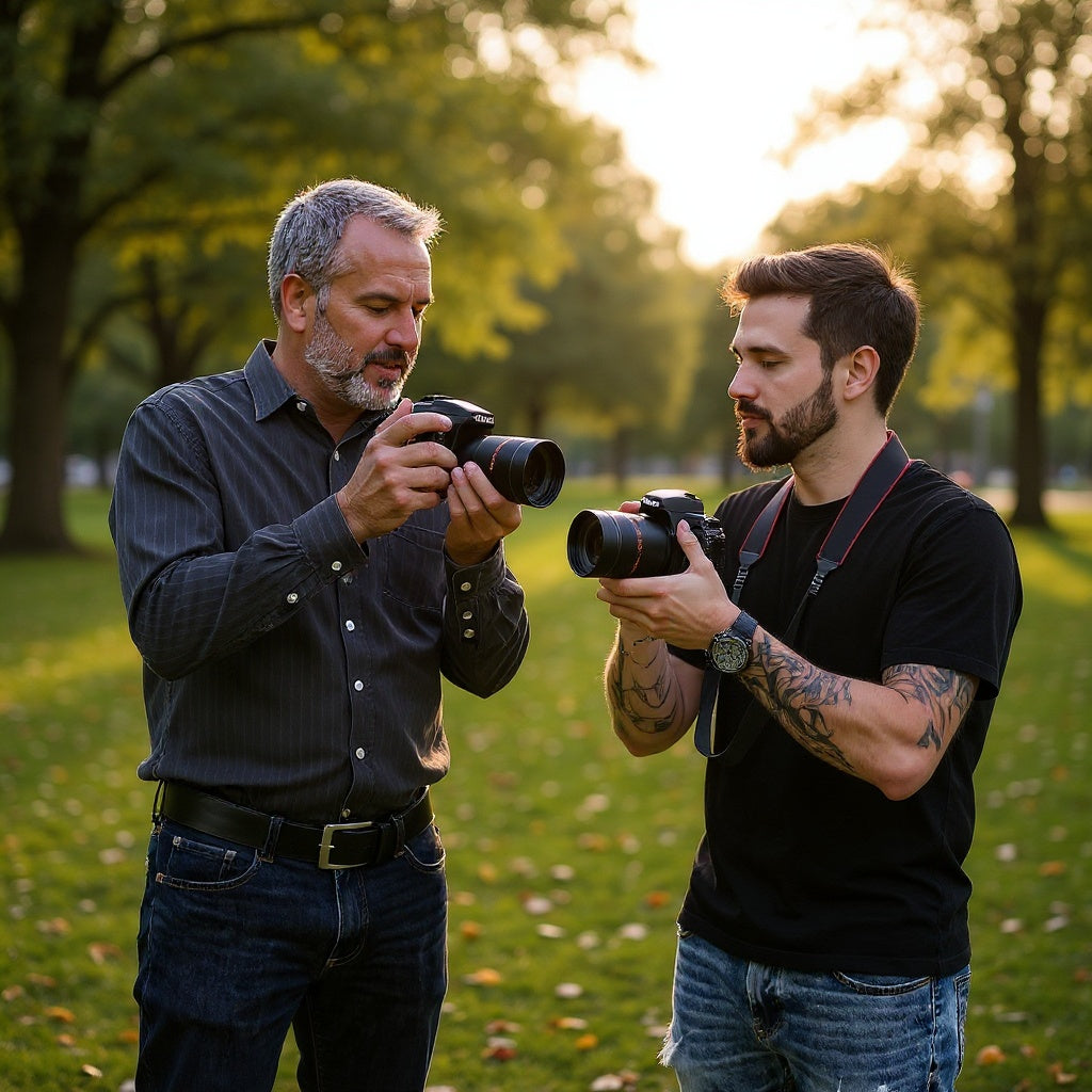 Student practicing outdoor portrait photography with instructor guidance