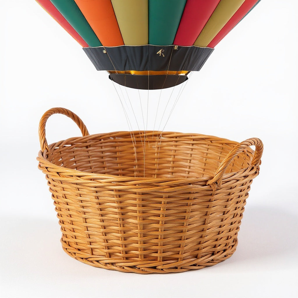 Colorful hot air balloon floating gracefully over scenic rolling green hills at dawn
