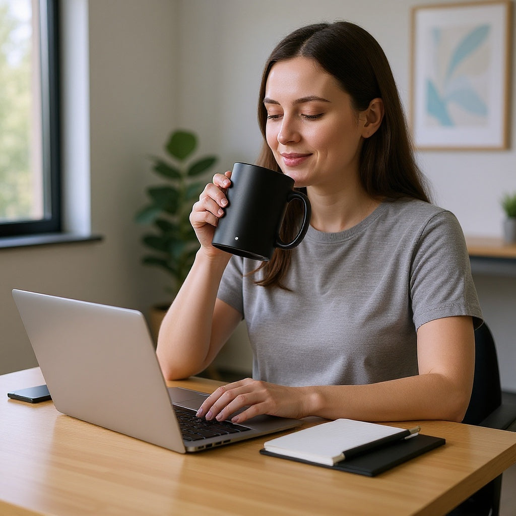 Matte black smart mug keeping coffee hot on modern office desk next to laptop
