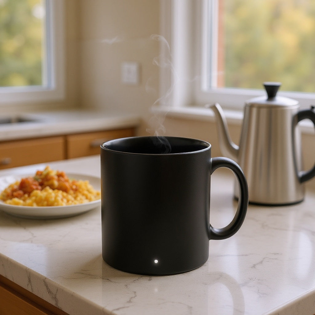 Smart mug resting on slim induction charging plate plugged in via USB-C