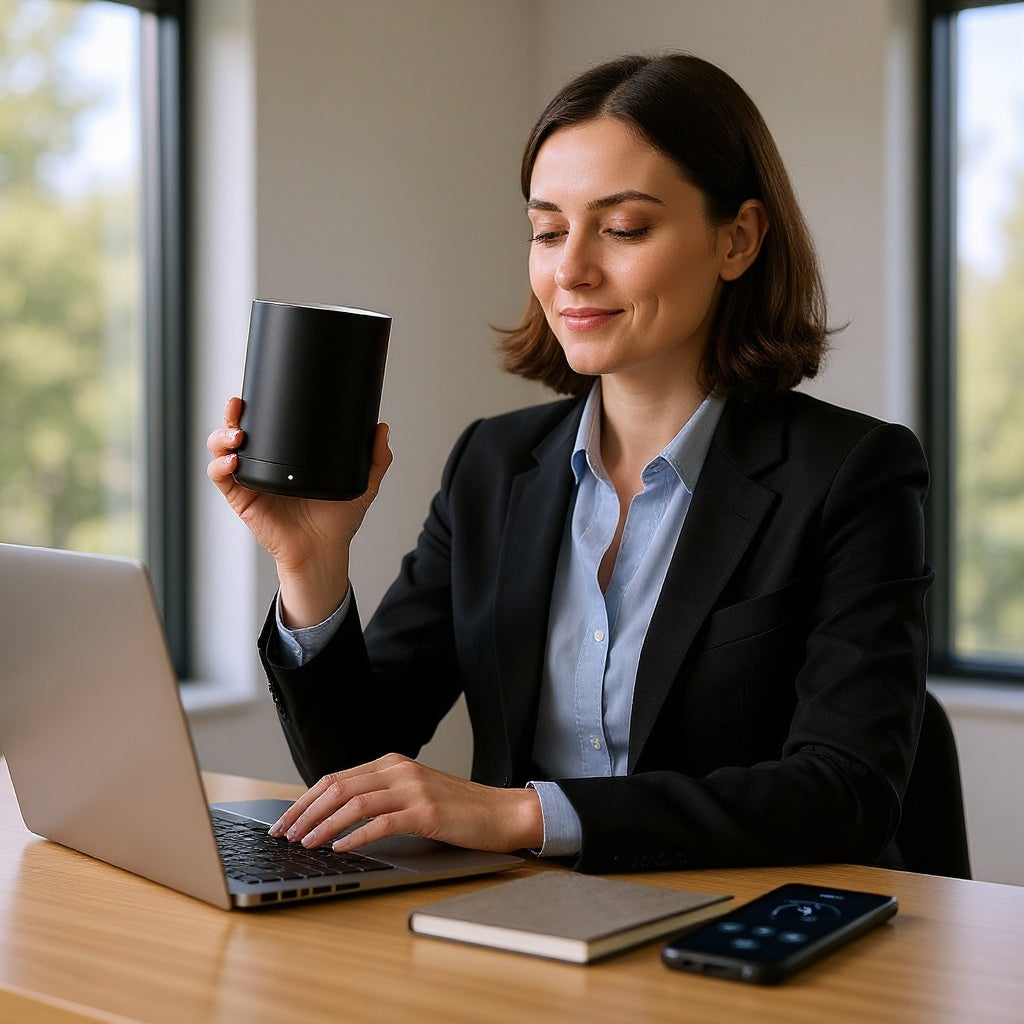 Smart temperature mug holding hot tea during cozy morning routine