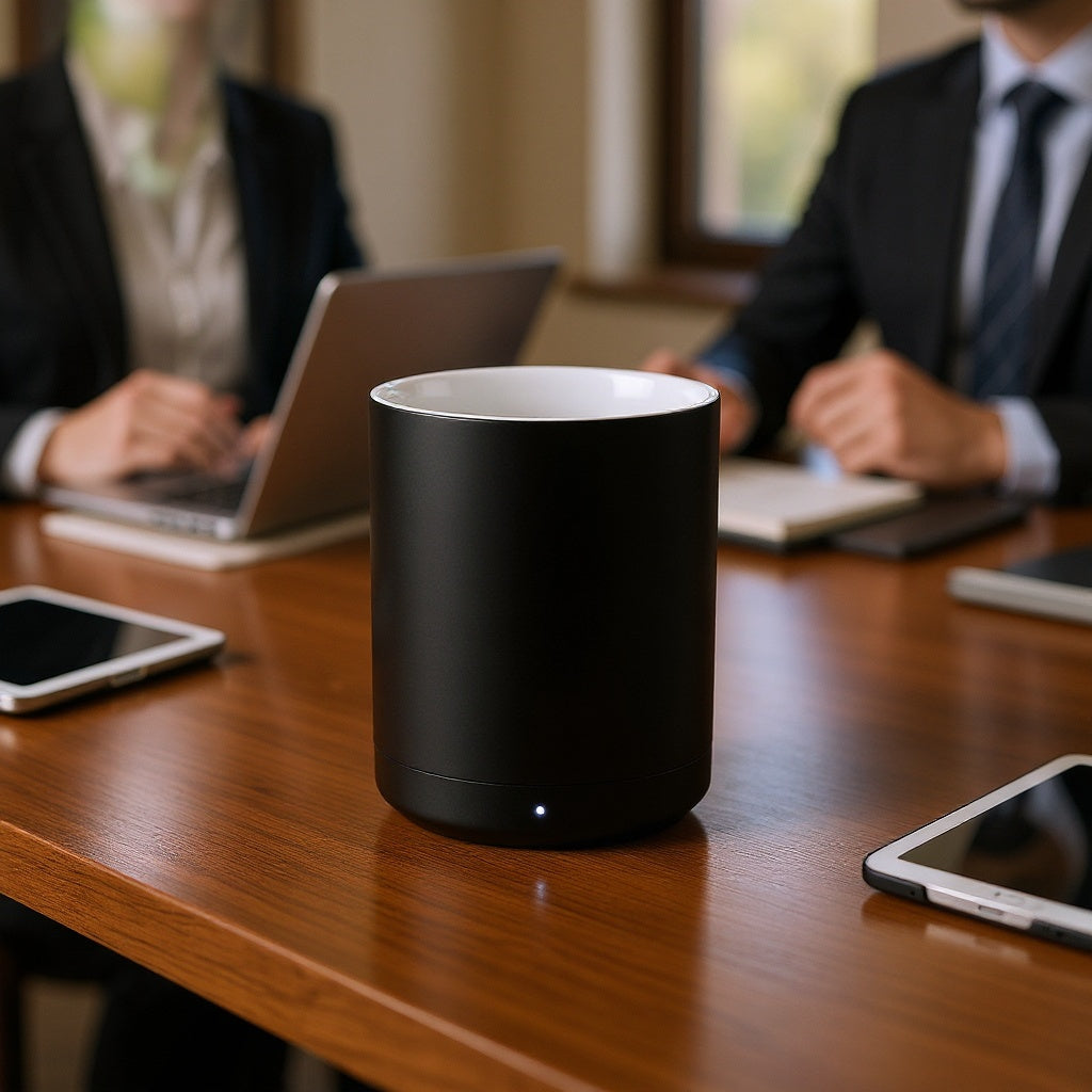 Smart travel mug and charging coaster set in sleek gift packaging