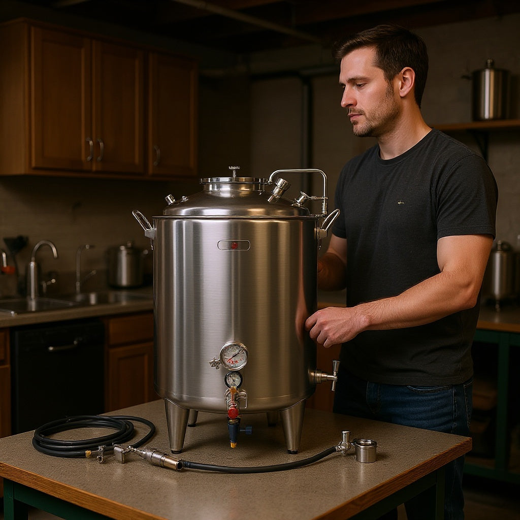Stainless steel beer brewing equipment set up on kitchen brewing station