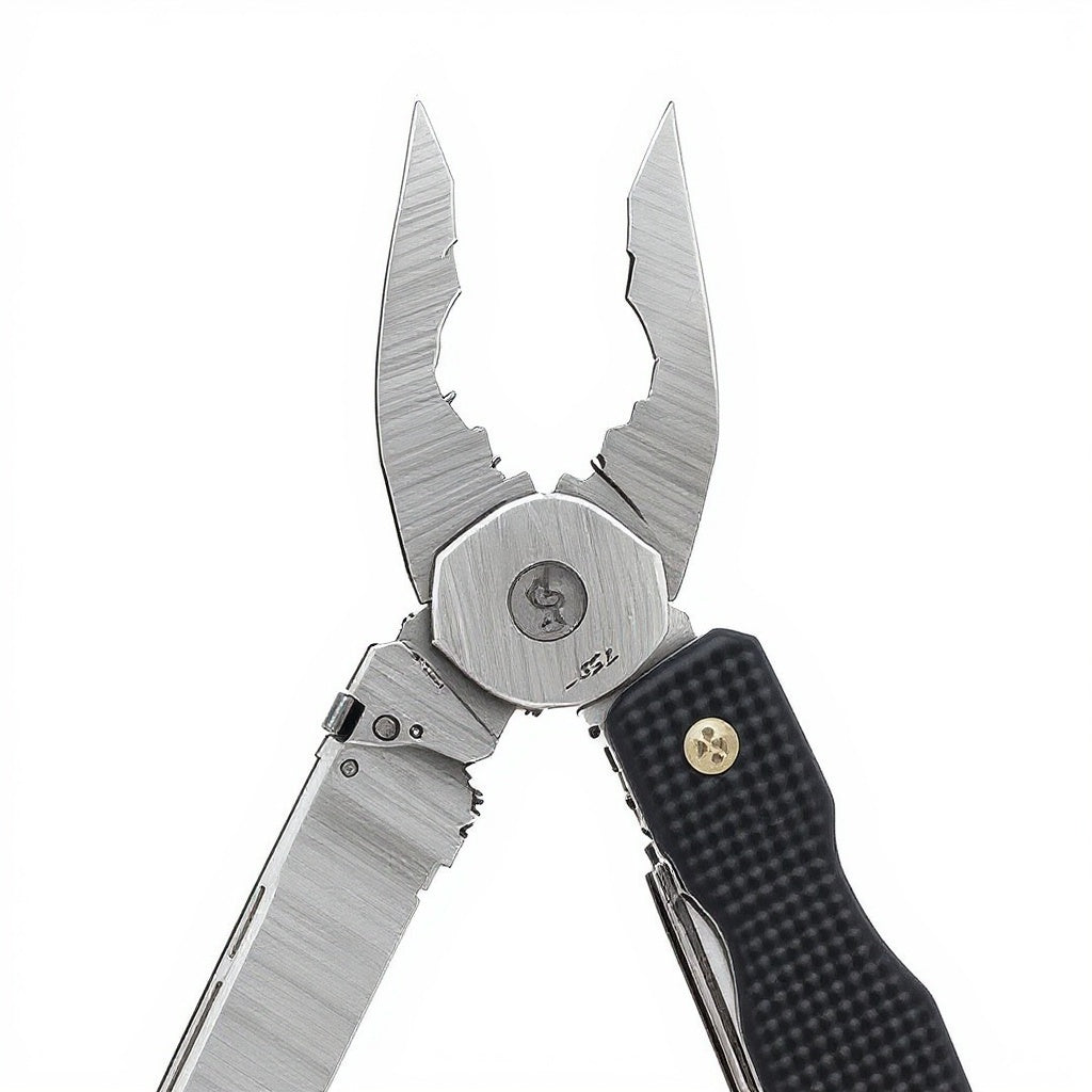 Detail of durable stainless steel blade edge, pliers, wire cutters, and screwdrivers
