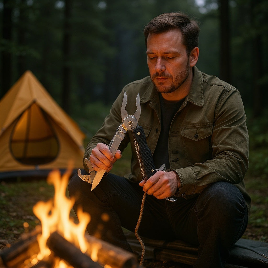 Multi-tool pocket knife in use whittling wood during outdoor camping trip