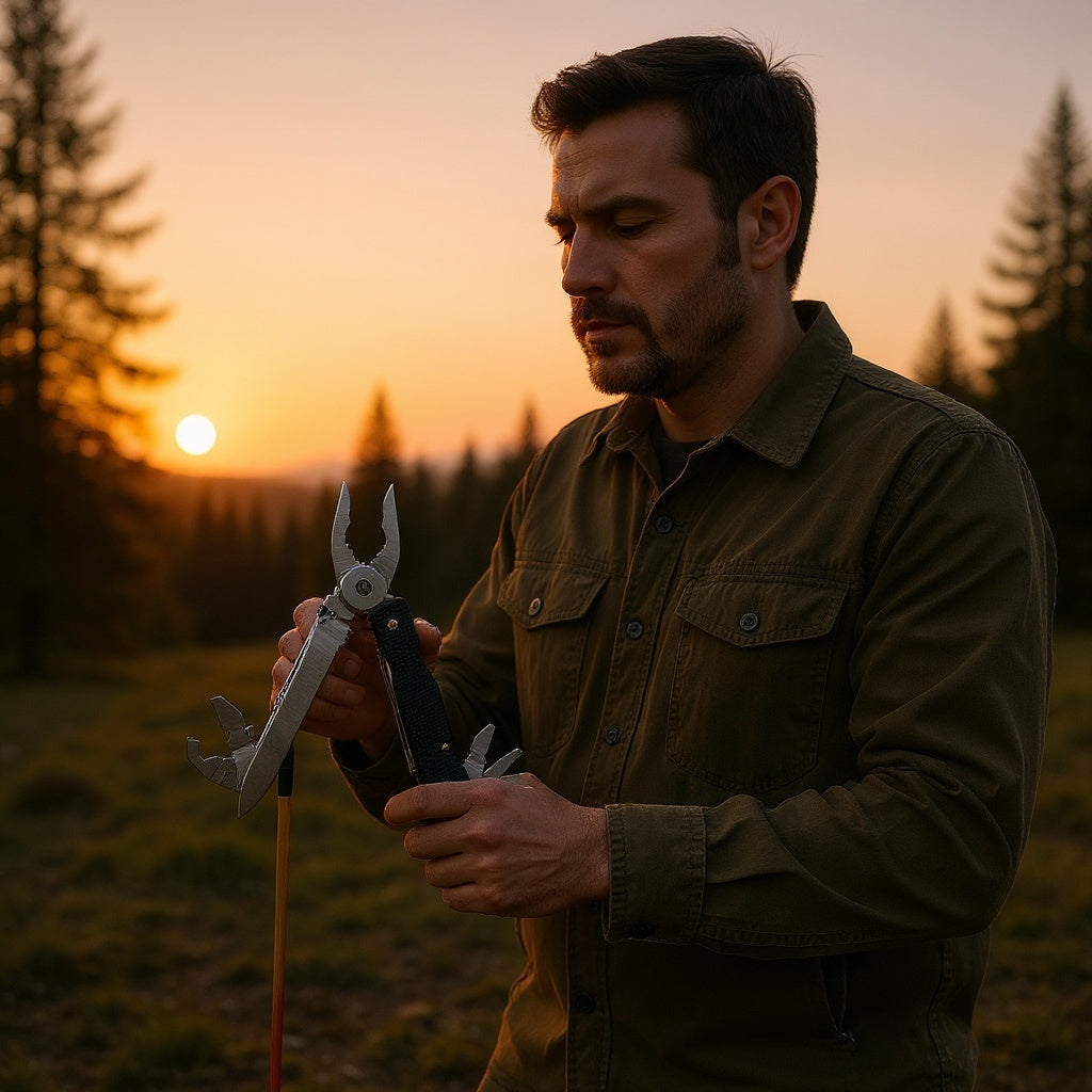Folded compact multi-tool secured in durable nylon belt sheath