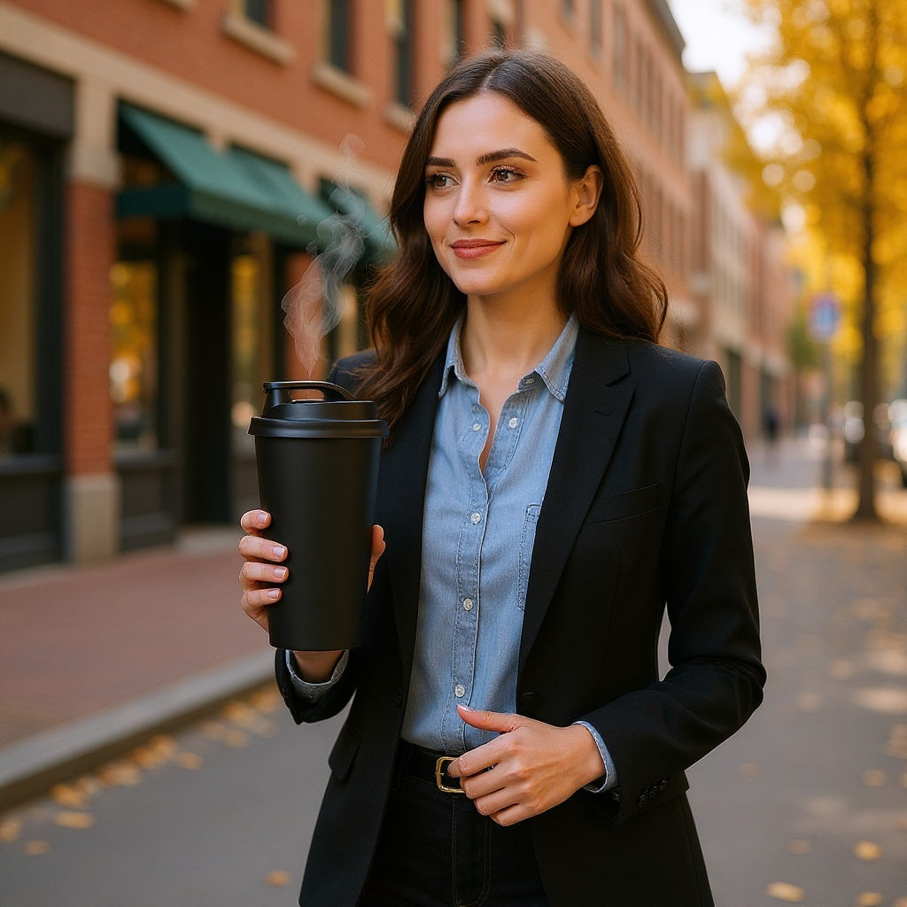 Reusable black coffee cup held on morning commute to work