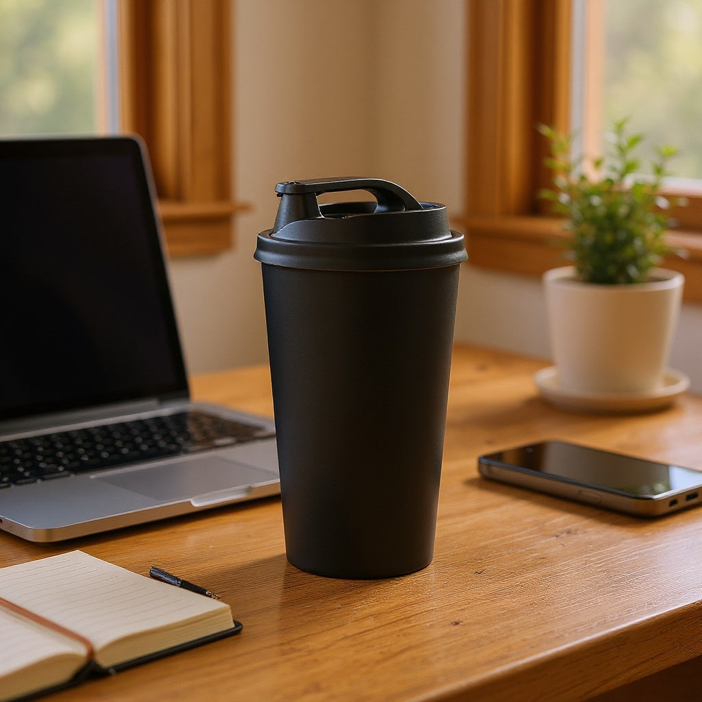 Stainless steel travel tumbler sitting on wooden cafe table