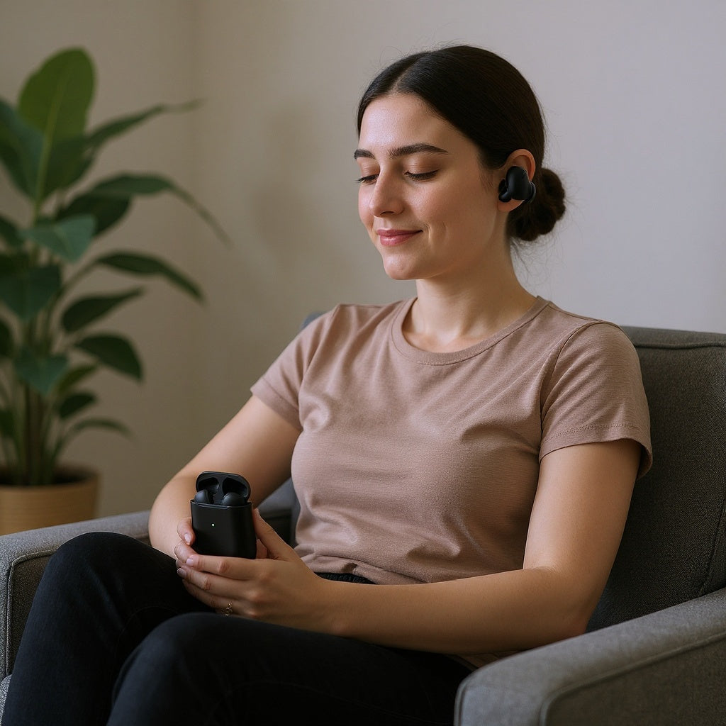 Matte black earbuds resting in compact open magnetic charging dock