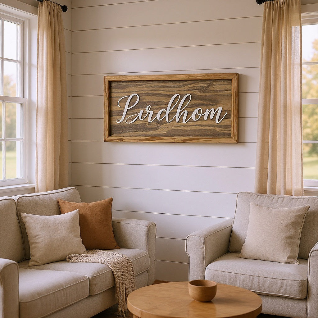 Custom farmhouse family name plaque hung proudly on entryway gallery wall