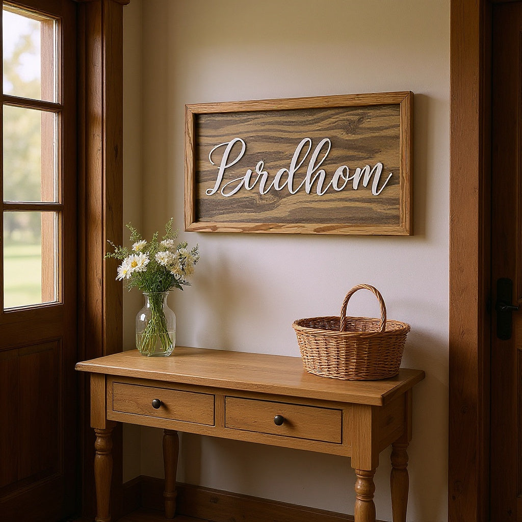 Personalized wooden family sign displayed on rustic living room shelf